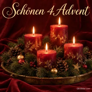 Vier brennende rote Kerzen auf einem goldenen Tablett, Text: Schönen 4. Advent