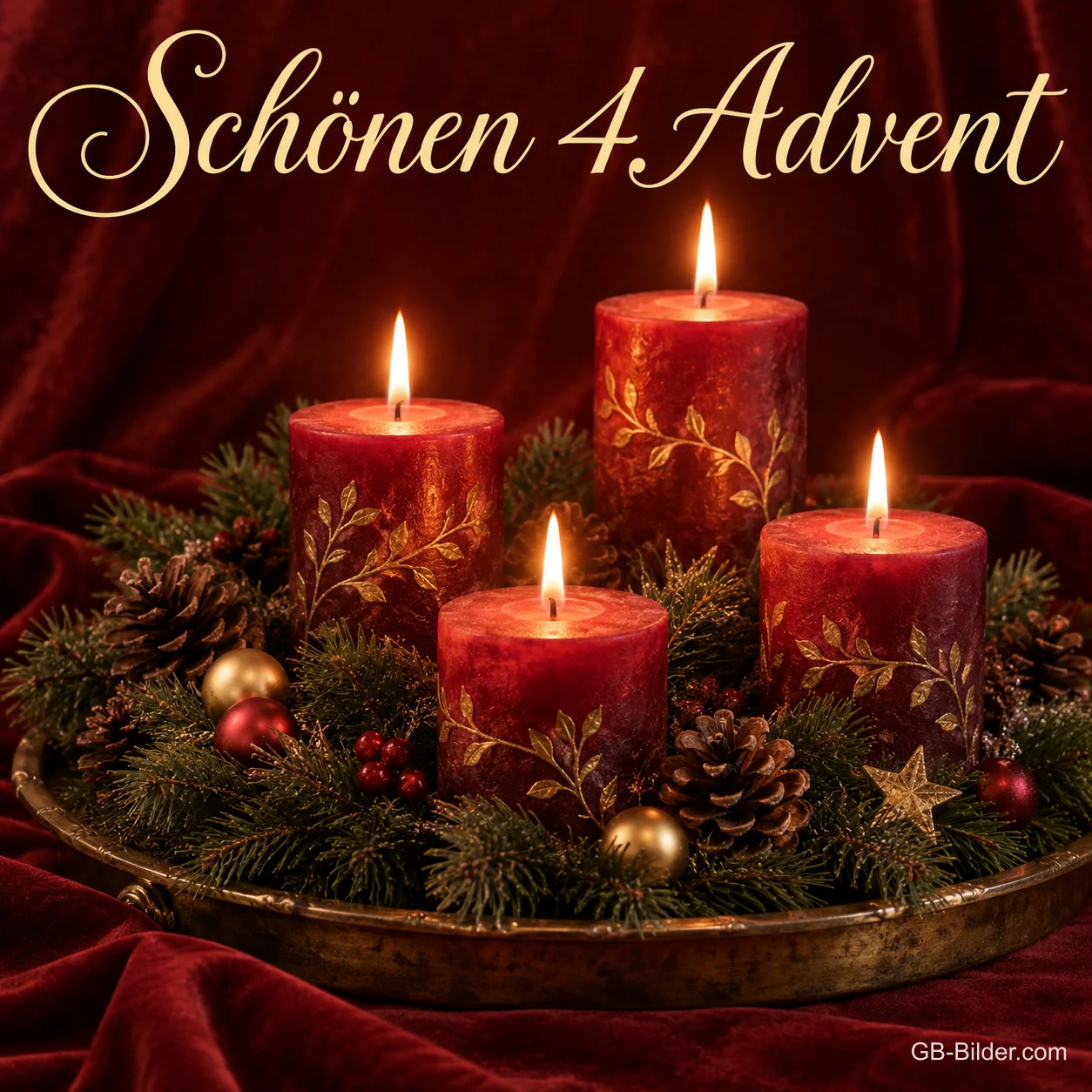Vier brennende rote Kerzen auf einem goldenen Tablett, Text: Schönen 4. Advent