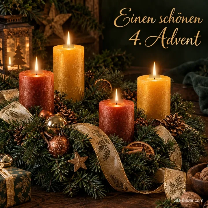 Vier brennende Kerzen mit goldenem Band und Kugeln, Text: Einen schönen 4. Advent Vier brennende Kerzen mit goldenem Band und Kugeln, Text: Einen schönen 4. Advent