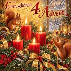 Zwei Eichhörnchen spielen mit Schleifen um vier brennende Kerzen, Text: Einen schönen 4. Advent
