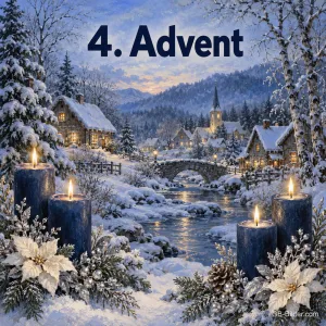 Vier blaue Kerzen vor einem verschneiten Dorf am Bach, Text: 4. Advent