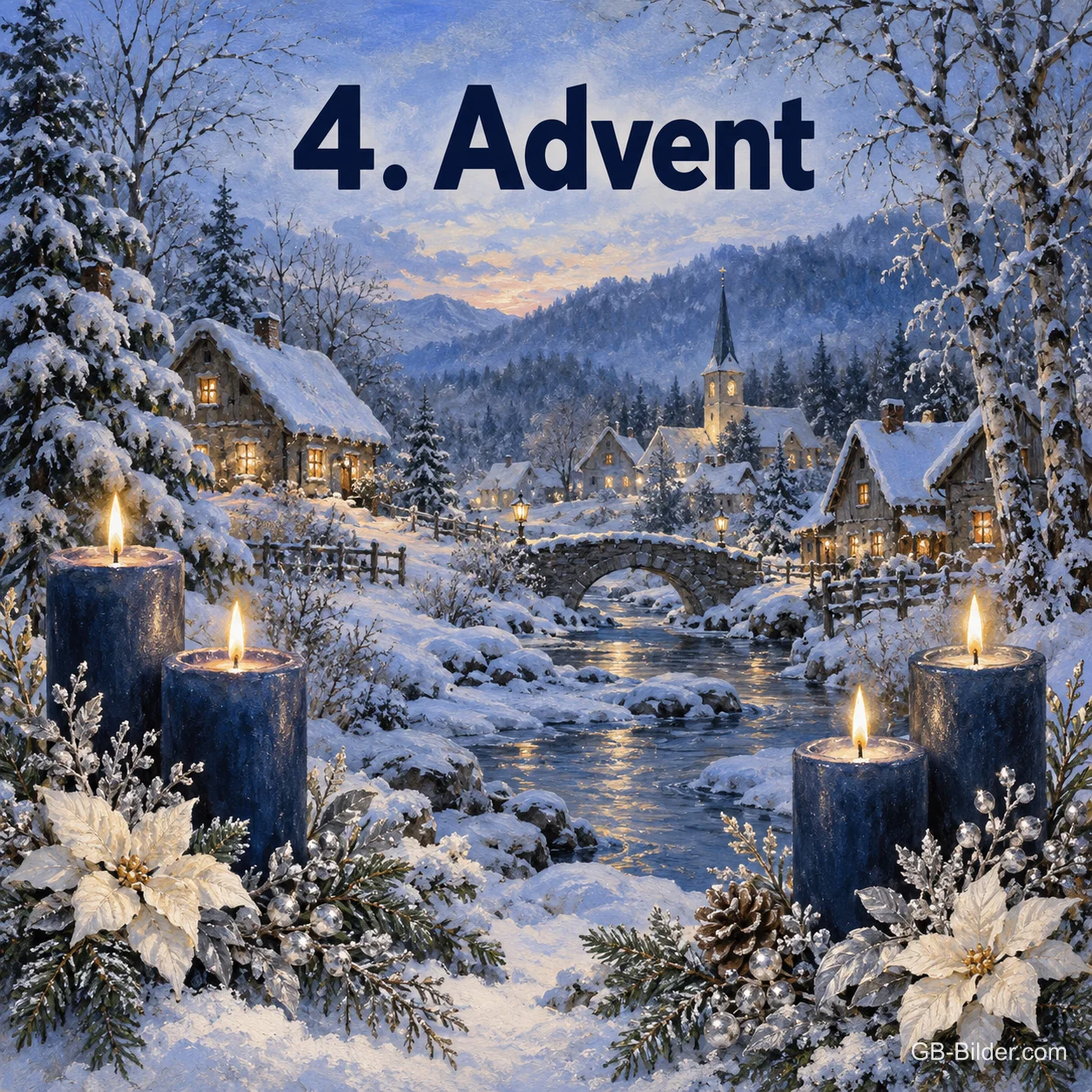 Vier blaue Kerzen vor einem verschneiten Dorf am Bach, Text: 4. Advent Vier blaue Kerzen vor einem verschneiten Dorf am Bach, Text: 4. Advent