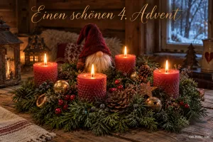 Wichtel zwischen vier brennenden roten Kerzen im Adventskranz, Text: Einen schönen 4. Advent