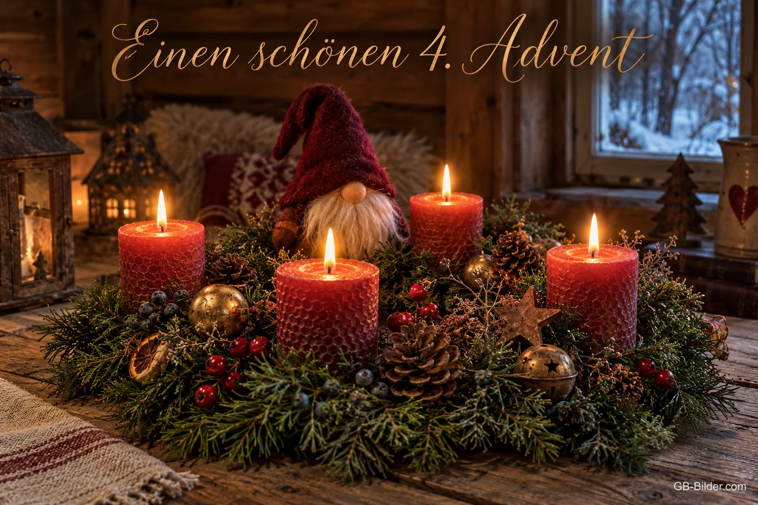Wichtel zwischen vier brennenden roten Kerzen im Adventskranz, Text: Einen schönen 4. Advent Wichtel zwischen vier brennenden roten Kerzen im Adventskranz, Text: Einen schönen 4. Advent