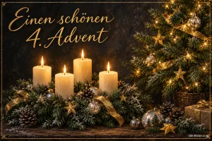 Vier weiße Kerzen vor einem leuchtenden Tannenbaum, Text: Einen schönen 4. Advent