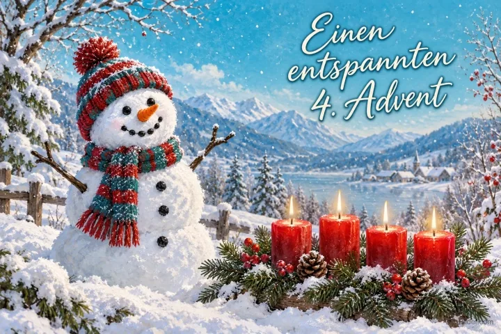Schneemann mit Mütze neben vier brennenden roten Kerzen, Text: Einen entspannten 4. Advent Schneemann mit Mütze neben vier brennenden roten Kerzen, Text: Einen entspannten 4. Advent