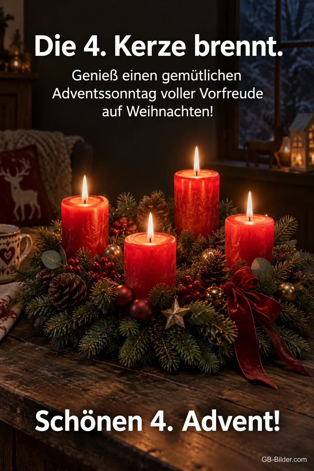 Adventskranz mit vier brennenden roten Kerzen, Text: Die 4. Kerze brennt. – Genieß einen gemütlichen Adventssonntag voller Vorfreude auf Weihnachten! Schönen 4. Advent! Adventskranz mit vier brennenden roten Kerzen, Text: Die 4. Kerze brennt. – Genieß einen gemütlichen Adventssonntag voller Vorfreude auf Weihnachten! Schönen 4. Advent!