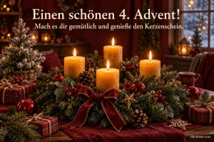 Vier brennende Kerzen im Kranz mit roter Schleife und Geschenken, Text: Einen schönen 4. Advent! – Mach es dir gemütlich und genieße den Kerzenschein.