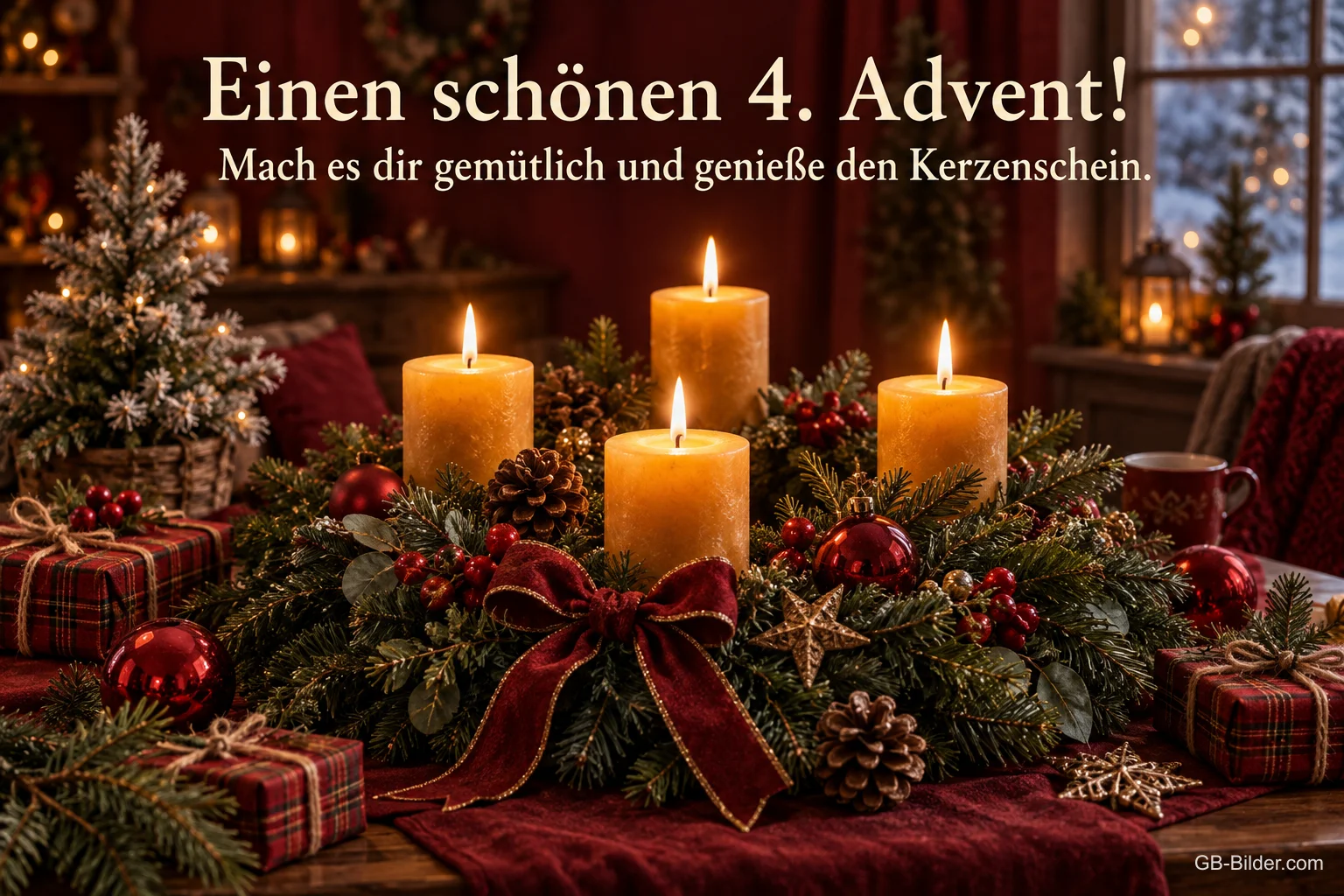 Vier brennende Kerzen im Kranz mit roter Schleife und Geschenken, Text: Einen schönen 4. Advent! – Mach es dir gemütlich und genieße den Kerzenschein. Vier brennende Kerzen im Kranz mit roter Schleife und Geschenken, Text: Einen schönen 4. Advent! – Mach es dir gemütlich und genieße den Kerzenschein.