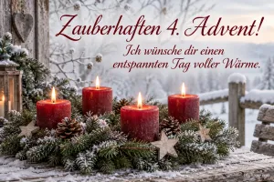 Vier brennende rote Kerzen im verschneiten Gesteck, Text: Zauberhaften 4. Advent! – Ich wünsche dir einen entspannten Tag voller Wärme.