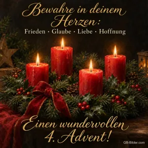 Vier brennende rote Kerzen im Kranz mit Schleife, Text: Bewahre in deinem Herzen: Frieden · Glaube · Liebe · Hoffnung – Einen wundervollen 4. Advent!