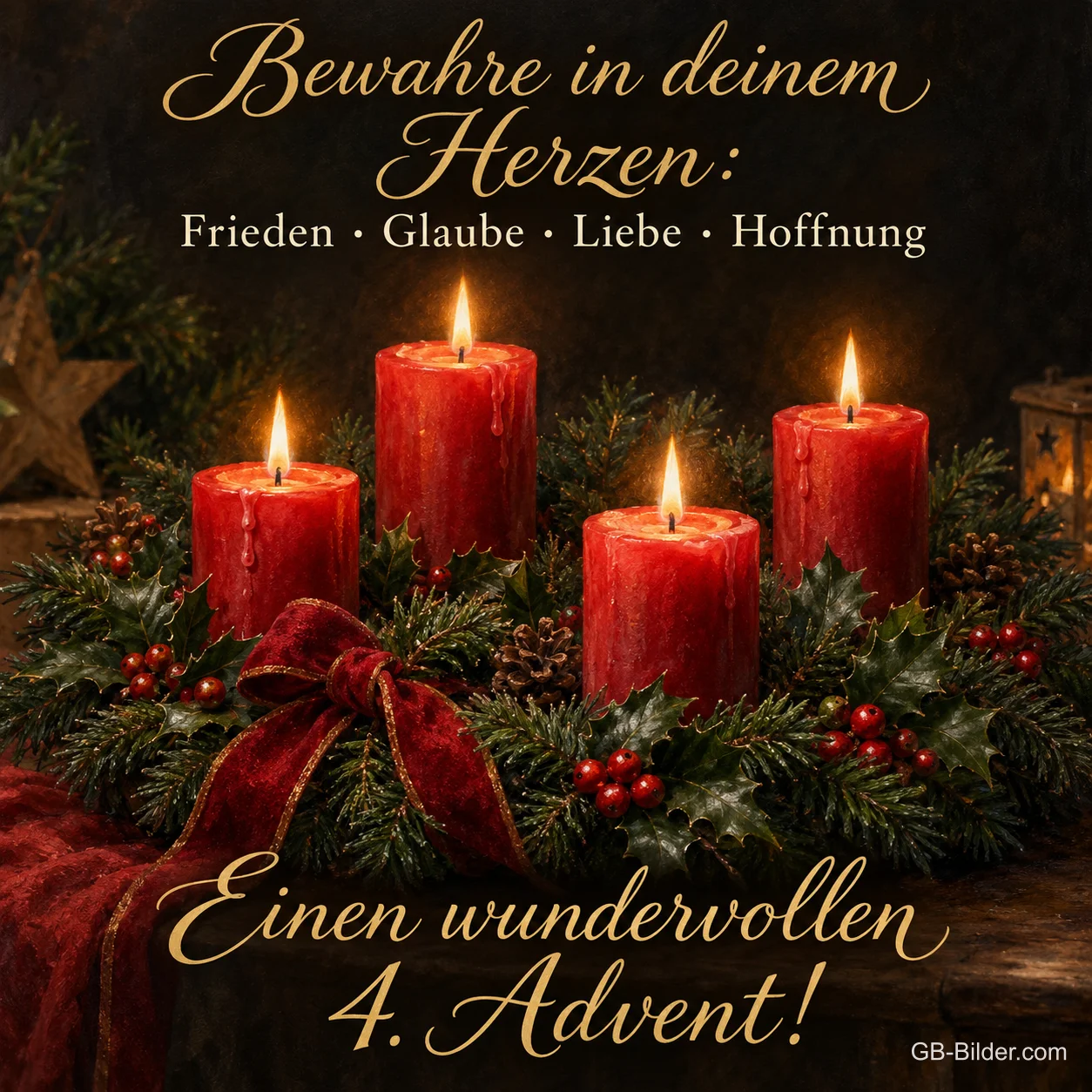 Vier brennende rote Kerzen im Kranz mit Schleife, Text: Bewahre in deinem Herzen: Frieden · Glaube · Liebe · Hoffnung – Einen wundervollen 4. Advent! Vier brennende rote Kerzen im Kranz mit Schleife, Text: Bewahre in deinem Herzen: Frieden · Glaube · Liebe · Hoffnung – Einen wundervollen 4. Advent!
