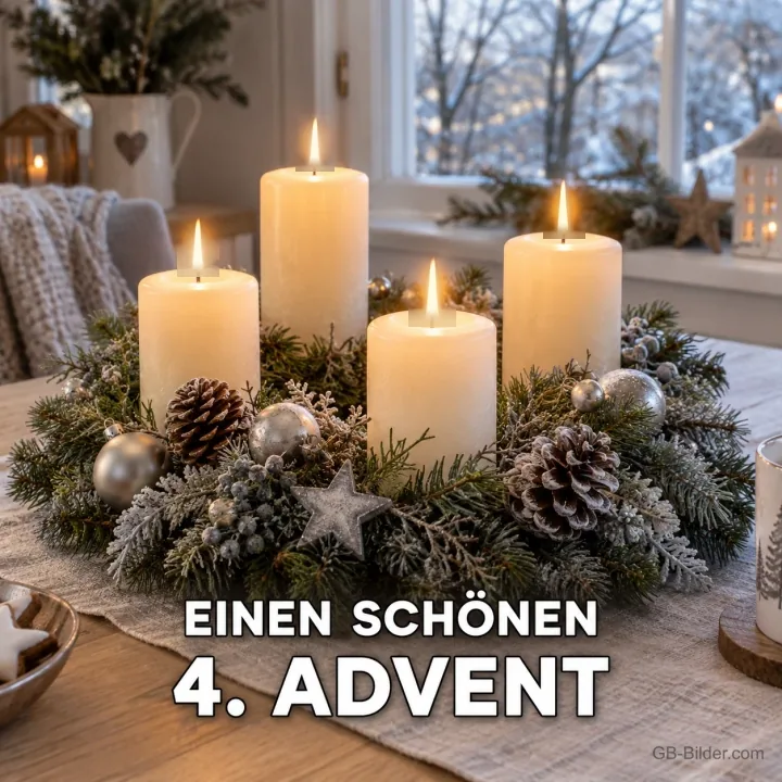 Vier weiße Kerzen im Kranz mit Zapfen und Kugeln, Text: EINEN SCHÖNEN 4. ADVENT Vier weiße Kerzen im Kranz mit Zapfen und Kugeln, Text: EINEN SCHÖNEN 4. ADVENT