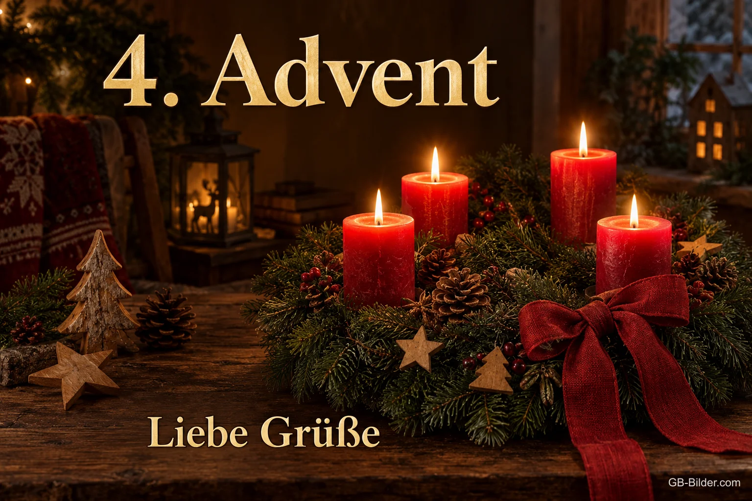 Vier brennende rote Kerzen im Kranz mit roter Schleife, Text: 4. Advent – Liebe Grüße Vier brennende rote Kerzen im Kranz mit roter Schleife, Text: 4. Advent – Liebe Grüße