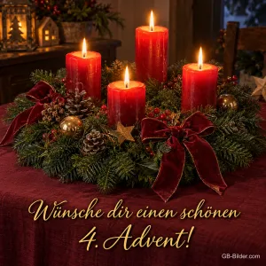 Vier brennende rote Kerzen im Kranz mit Samtschleifen, Text: Wünsche dir einen schönen 4. Advent!