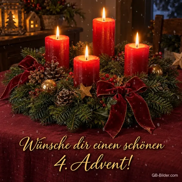 Vier brennende rote Kerzen im Kranz mit Samtschleifen, Text: Wünsche dir einen schönen 4. Advent! Vier brennende rote Kerzen im Kranz mit Samtschleifen, Text: Wünsche dir einen schönen 4. Advent!