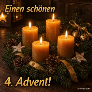 Vier goldene Kerzen im Kranz mit Glöckchen, Text: Einen schönen 4. Advent!