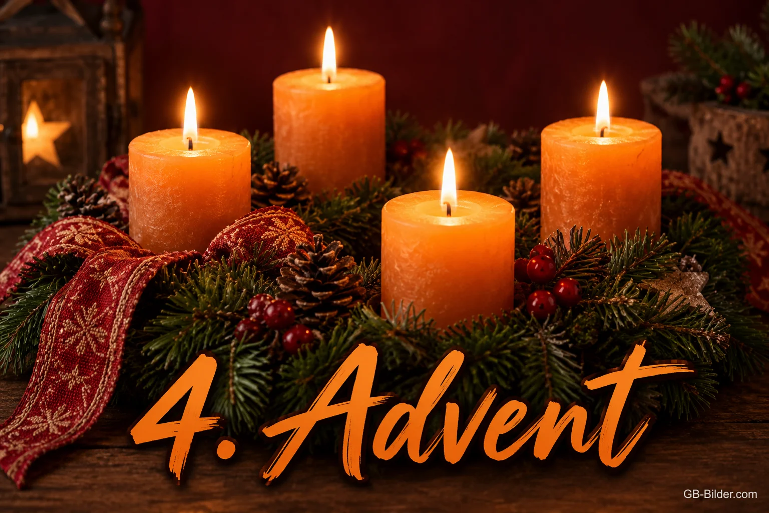 Vier brennende orange Kerzen im Kranz, Text: 4. Advent Vier brennende orange Kerzen im Kranz, Text: 4. Advent