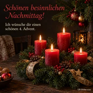 Vier brennende rote Kerzen mit Goldband, Text: Schönen besinnlichen Nachmittag! – Ich wünsche dir einen schönen 4. Advent.