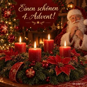 Weihnachtsmann hinter einem Kranz mit vier brennenden Kerzen, Text: Einen schönen 4. Advent!