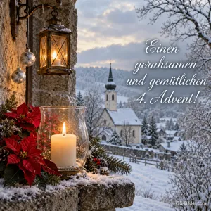 Windlicht und Laterne vor einem verschneiten Dorf, Text: Einen geruhsamen und gemütlichen 4. Advent!