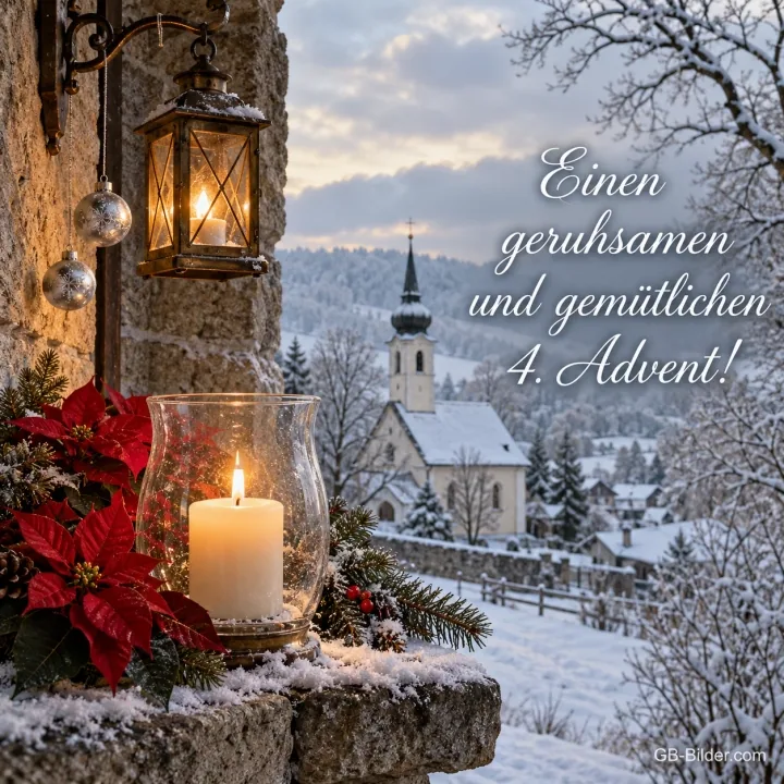 Windlicht und Laterne vor einem verschneiten Dorf, Text: Einen geruhsamen und gemütlichen 4. Advent! Windlicht und Laterne vor einem verschneiten Dorf, Text: Einen geruhsamen und gemütlichen 4. Advent!