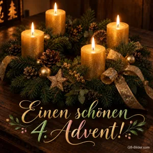 Vier goldene Kerzen im Kranz mit Schleifen, Text: Einen schönen 4. Advent!