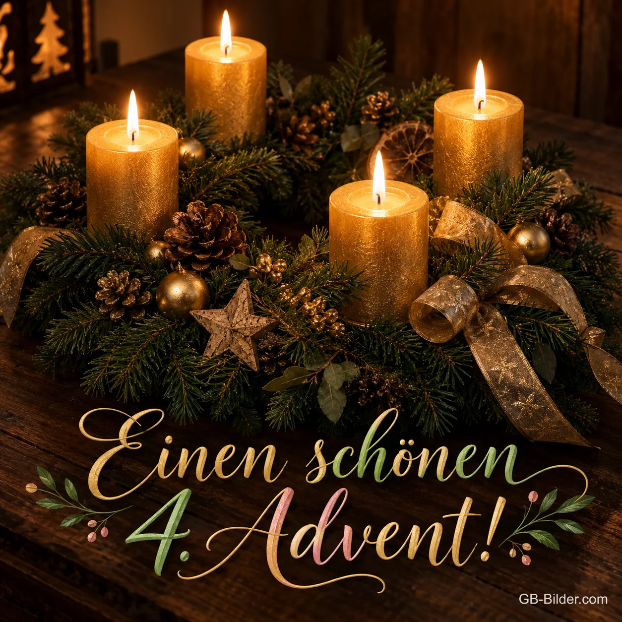Vier goldene Kerzen im Kranz mit Schleifen, Text: Einen schönen 4. Advent! Vier goldene Kerzen im Kranz mit Schleifen, Text: Einen schönen 4. Advent!