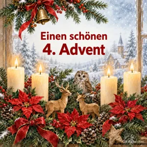 Vier weiße Kerzen, Holzrehe, Eule und Weihnachtssterne, Text: Einen schönen 4. Advent