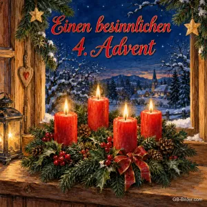 Vier brennende rote Kerzen am Fenster vor einem Winterdorf, Text: Einen besinnlichen 4. Advent