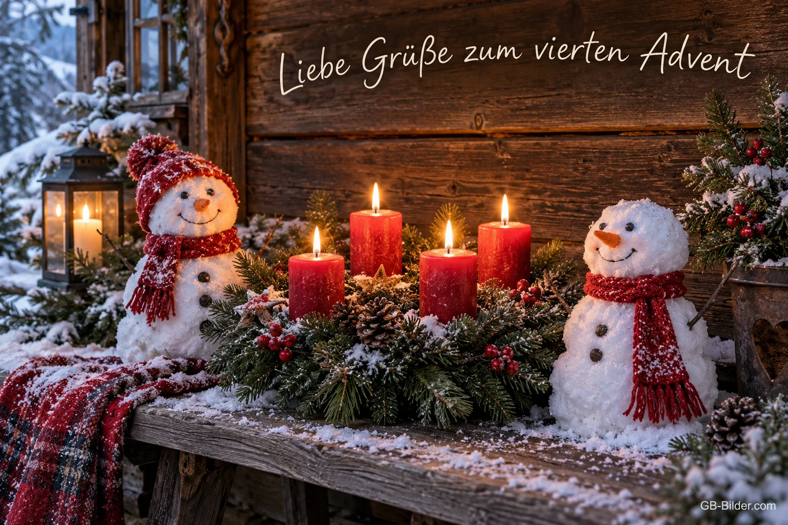 Zwei Schneemänner neben vier brennenden Kerzen auf einer Bank, Text: Liebe Grüße zum vierten Advent Zwei Schneemänner neben vier brennenden Kerzen auf einer Bank, Text: Liebe Grüße zum vierten Advent