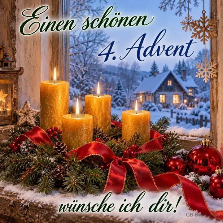 Vier goldene Kerzen am Winterfenster mit roter Schleife, Text: Einen schönen 4. Advent – wünsche ich dir! Vier goldene Kerzen am Winterfenster mit roter Schleife, Text: Einen schönen 4. Advent – wünsche ich dir!