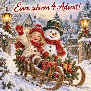 Mädchen und Schneemann fahren auf dem Schlitten durch ein Winterdorf, Text: Einen schönen 4. Advent!
