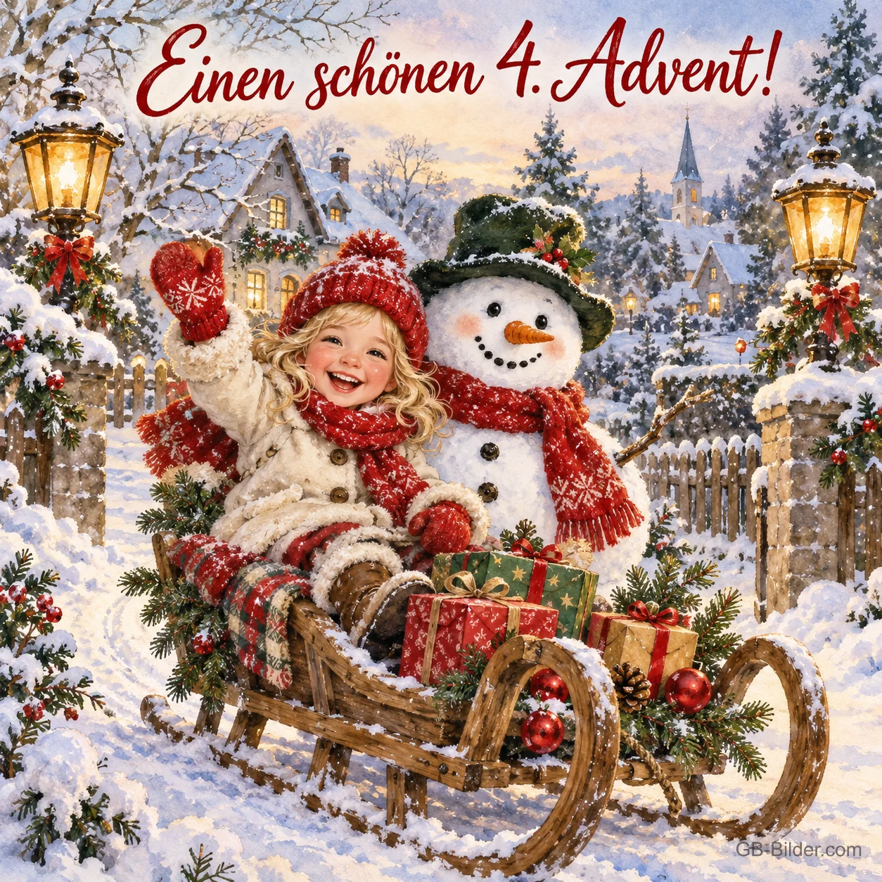 Mädchen und Schneemann fahren auf dem Schlitten durch ein Winterdorf, Text: Einen schönen 4. Advent! Mädchen und Schneemann fahren auf dem Schlitten durch ein Winterdorf, Text: Einen schönen 4. Advent!