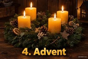 Vier gelbe Kerzen im Kranz mit Zapfen, Text: 4. Advent