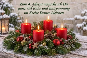 Adventskranz mit vier brennenden roten Kerzen im Schnee, Text: Zum 4. Advent wünsche ich Dir ganz viel Ruhe und Entspannung im Kreise Deiner Liebsten