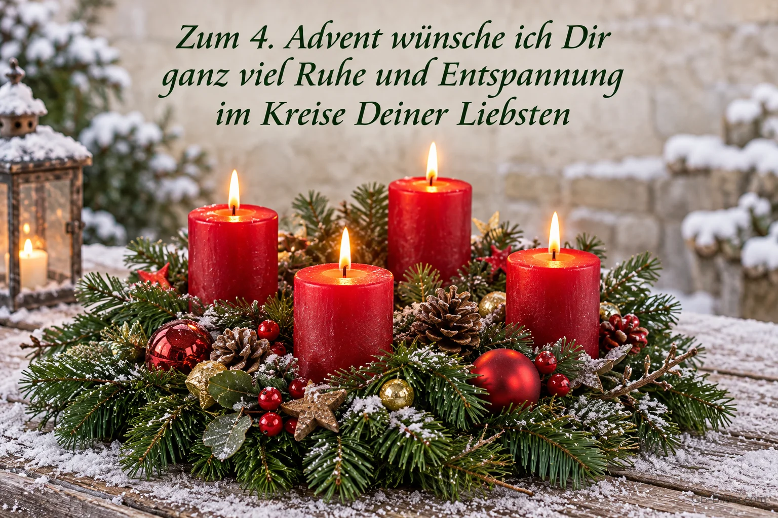 Adventskranz mit vier brennenden roten Kerzen im Schnee, Text: Zum 4. Advent wünsche ich Dir ganz viel Ruhe und Entspannung im Kreise Deiner Liebsten