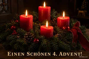 Adventskranz mit vier brennenden roten Kerzen, Text: EINEN SCHÖNEN 4. ADVENT!