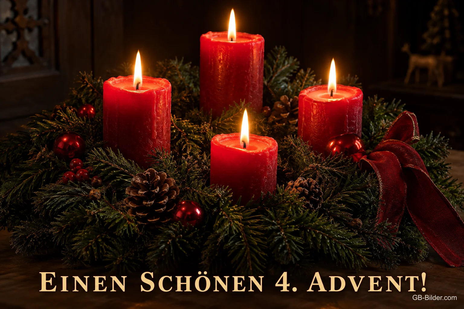 Adventskranz mit vier brennenden roten Kerzen, Text: EINEN SCHÖNEN 4. ADVENT!