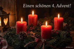 Vier brennende rote Kerzen auf einem Adventskranz, Text: Einen schönen 4. Advent!