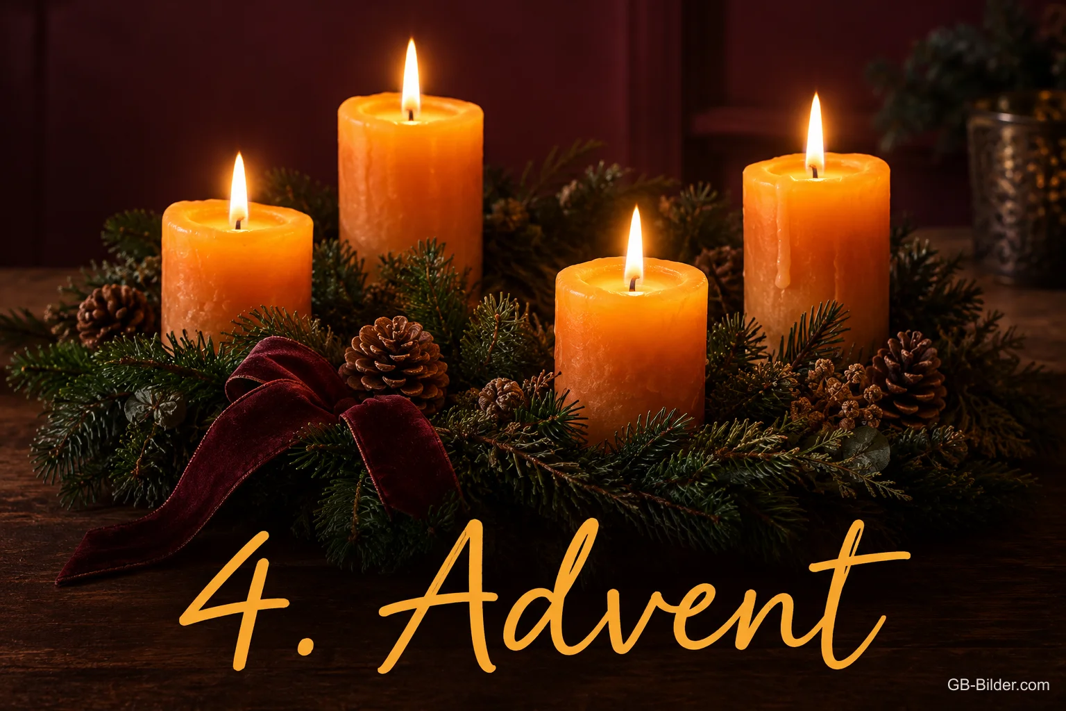 Adventskranz mit vier brennenden orangen Kerzen, Text: 4. Advent