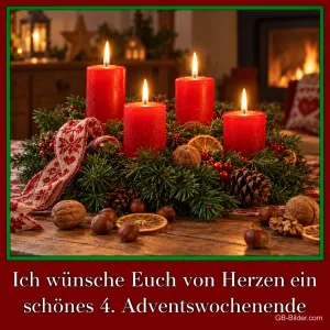 Adventskranz mit vier roten Kerzen vor dem Kamin, Text: Ich wünsche euch von Herzen ein schönes 4. Adventswochenende