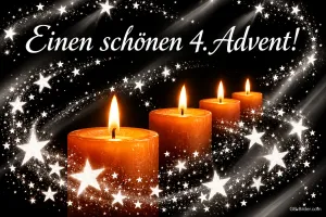 Vier brennende Kerzen in einem Wirbel aus funkelnden Sternen, Text: Einen schönen 4. Advent!