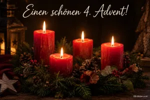 Vier brennende rote Kerzen, Text: Einen schönen 4. Advent!