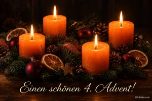 Vier brennende orange Kerzen, Text: Einen schönen 4. Advent
