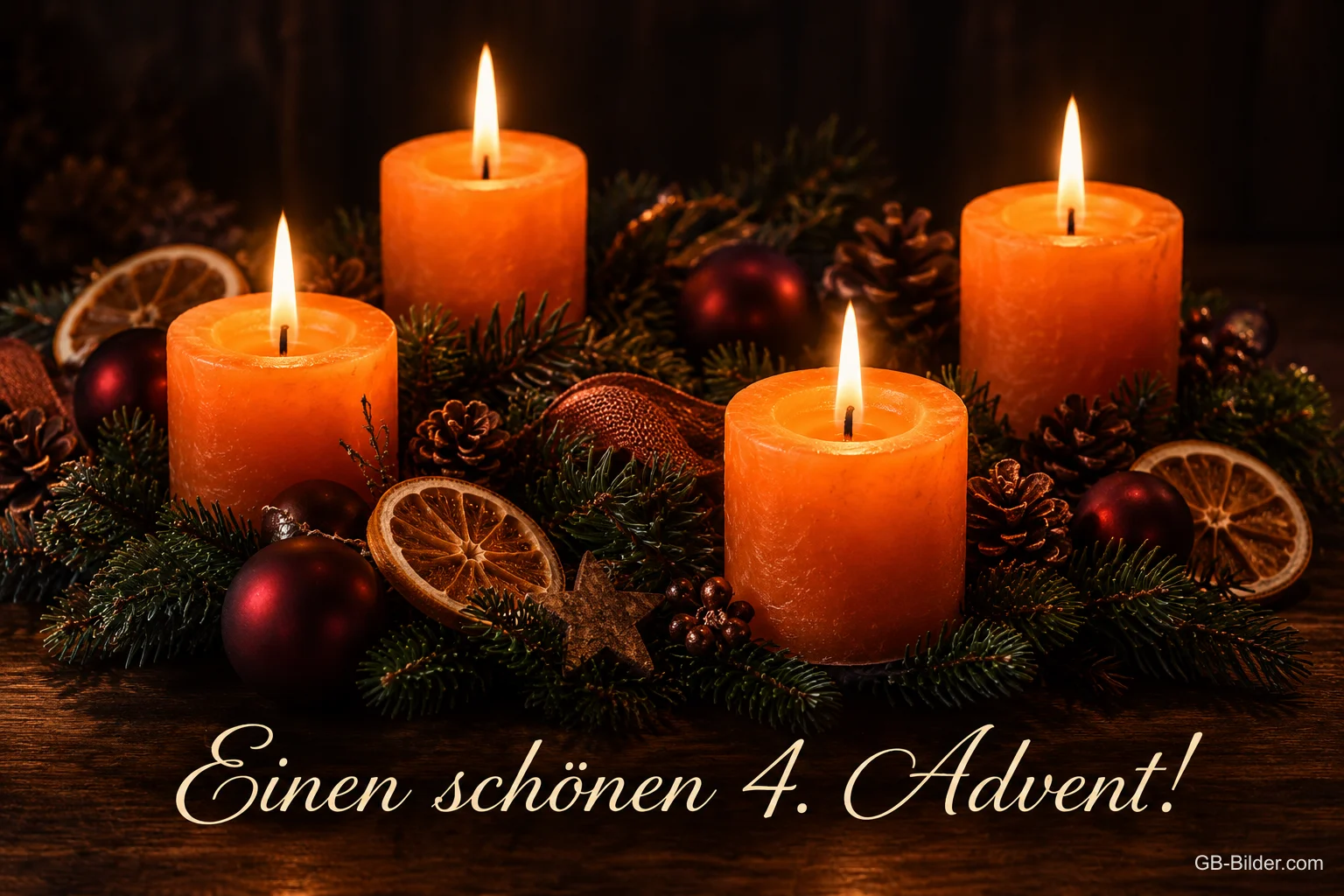 Vier brennende orange Kerzen, Text: Einen schönen 4. Advent