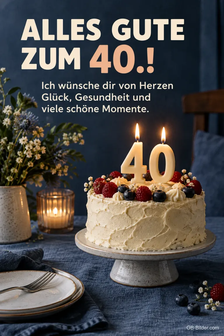Beerentorte mit 40-Kerzen, Text: Alles Gute zum 40.! Glück, Gesundheit und viele schöne Momente.