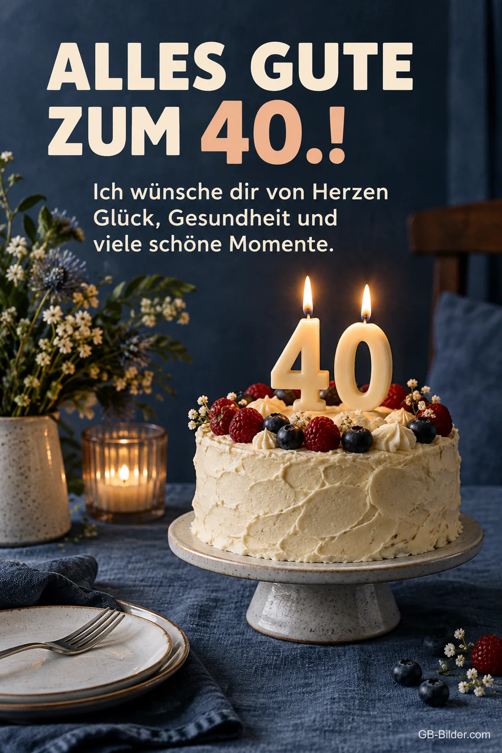 Beerentorte mit 40-Kerzen, Text: Alles Gute zum 40.! Glück, Gesundheit und viele schöne Momente.