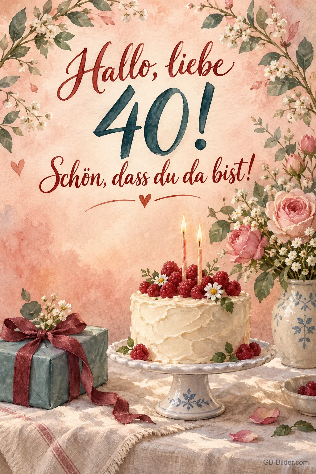 Himbeertorte mit Kerzen und Rosen, Text: Hallo, liebe 40! Schön, dass du da bist! Himbeertorte mit Kerzen und Rosen, Text: Hallo, liebe 40! Schön, dass du da bist!