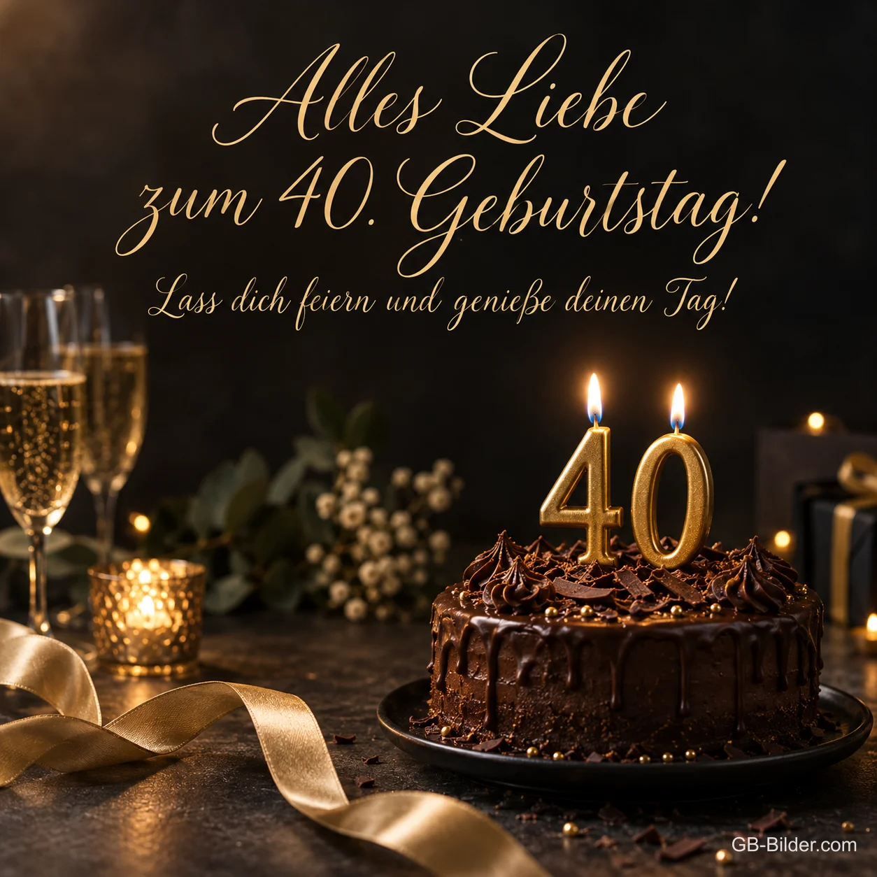 Schokoladentorte mit 40-Kerzen und Sekt, Text: Alles Liebe zum 40. Geburtstag! Schokoladentorte mit 40-Kerzen und Sekt, Text: Alles Liebe zum 40. Geburtstag!